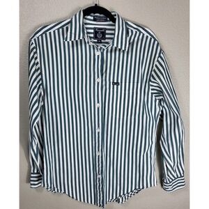 Faconnable Striped Button Front Shirt Womens Small Teal White Cotton Long Sleeve